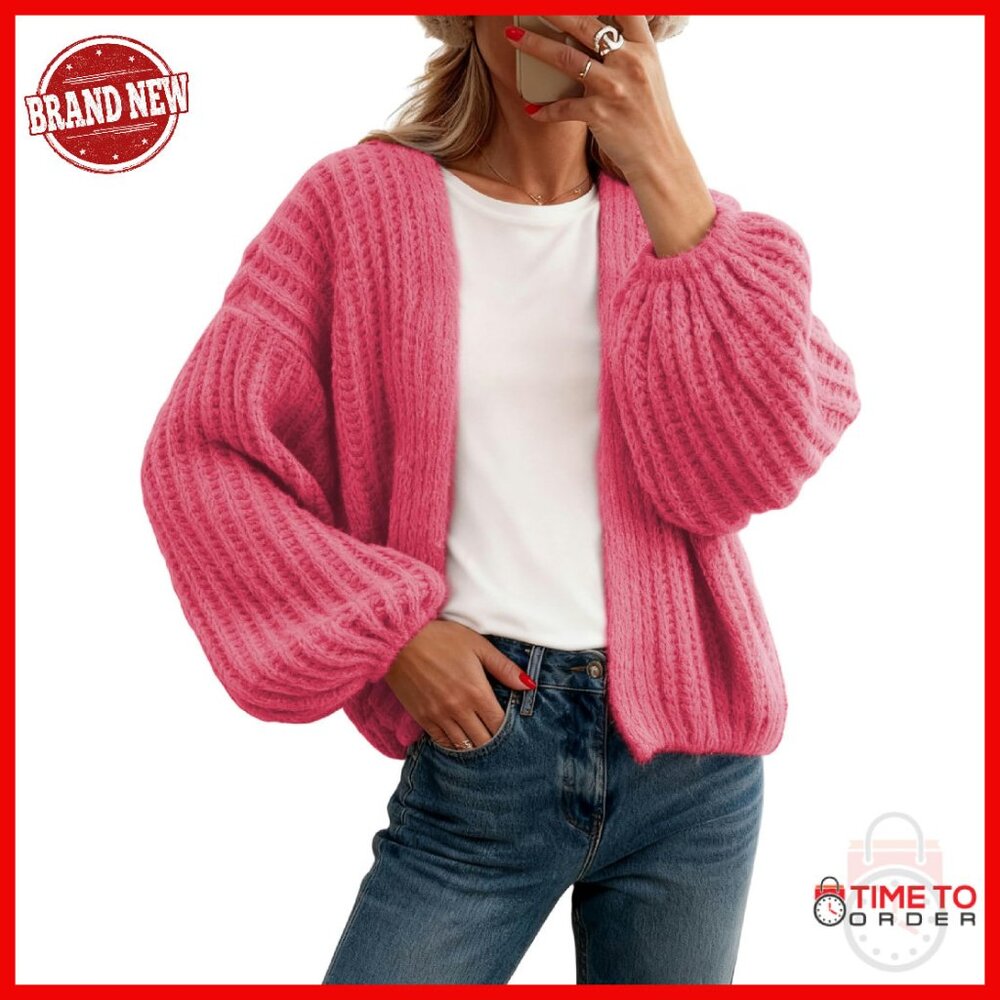 Chunky Knit Cropped Cardigan Lantern Sleeve Open Front Lightweight